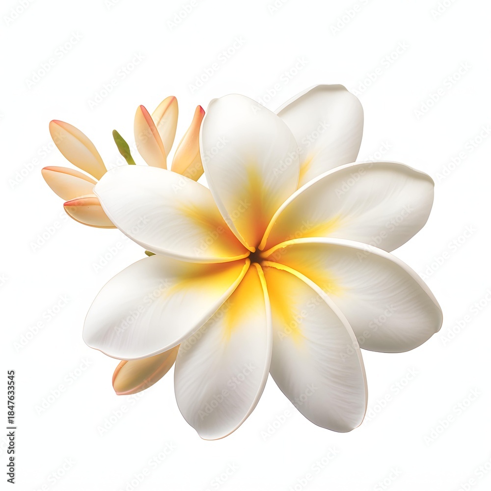 Naklejka premium Elegant frangipani flower in full bloom isolated on white background, capturing the essence of tropical beauty