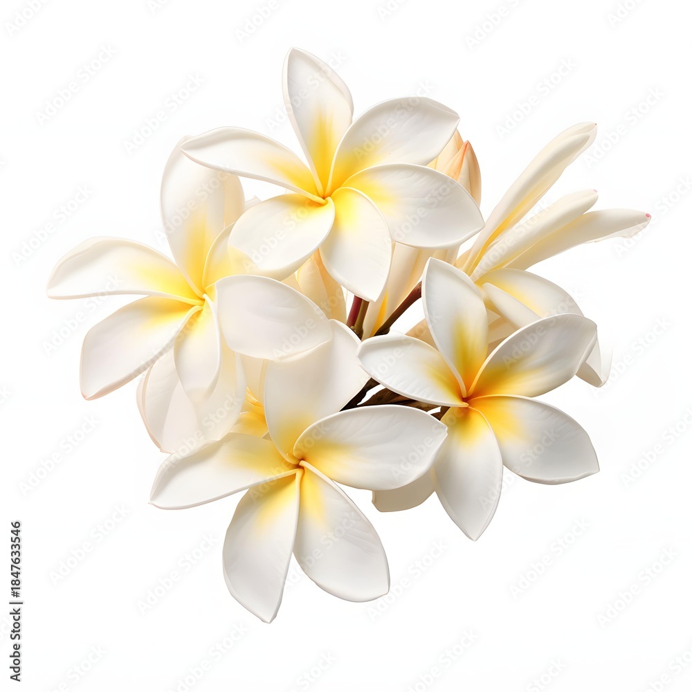 Fototapeta premium Delicate plumeria blossoms display their vibrant colors against a plain background
