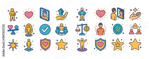 Colorful icons representing self-improvement, relationships, and