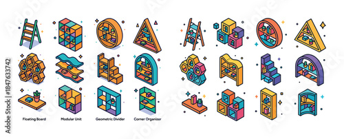 Colorful modular shelving units with geometric designs and playf