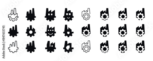 Industrial icon set: gear and factory silhouettes in various sty