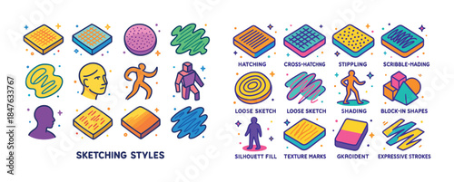 Illustrated sketching styles guide with various techniques and s