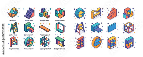 Colorful graphic icons of modern furniture designs and shelving