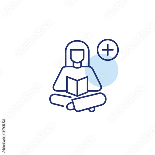Woman reading book and plus. Reading habit, knowledge gain. Pixel perfect, editable stroke vector icon