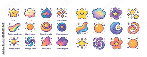 Colorful cosmic icons featuring stars, moons, and spirals in pas