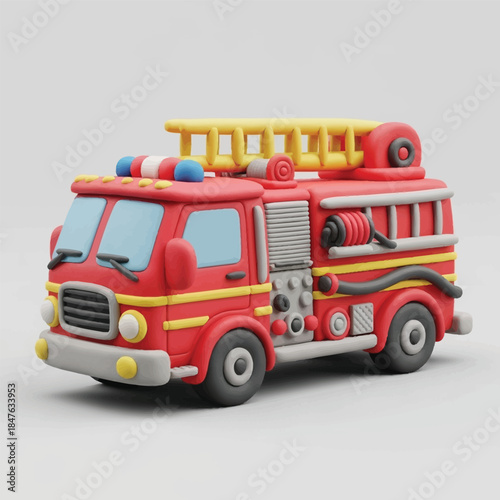 3D Illustration of a Red Fire Truck with Ladder and Lights