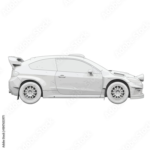 White Rally Car 3D Model Side View Isolated on White Background