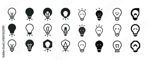 Set of 23 minimalist light bulb icons featuring various expressi