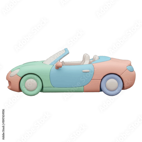 Whimsical Pastel Convertible Car, 3D Rendered in Soft, Playful Colors on a Clean White Background