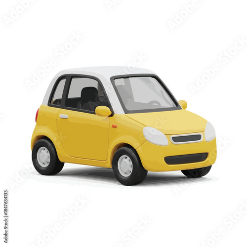 Yellow Compact Car with White Roof Parked on White Background