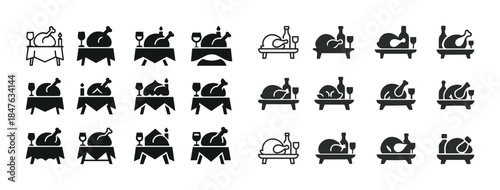 Dining icon set: tables with roasted turkey, wine, plates, cutle