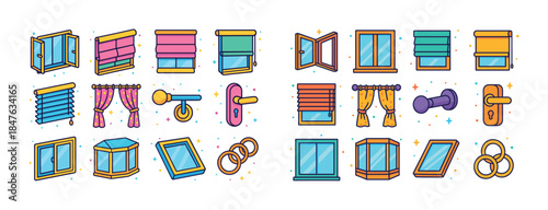 Colorful window and door elements with curtains and handles