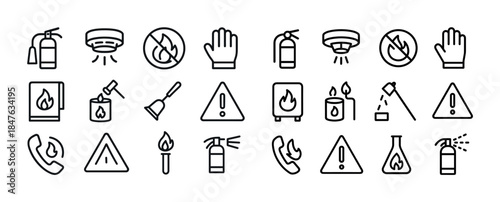 Fire safety icons set: extinguisher, alarm, warning symbols