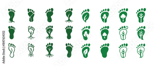 Green footprints with eco symbolism: trees, leaves, roots in sus