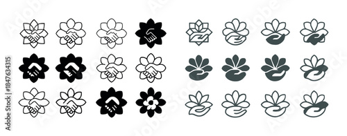 Diverse flower and hand symbol designs in monochrome and graysca