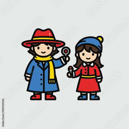 Two cartoon children dressed for winter exploring and holding magnifying glasses
