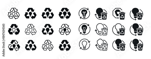 Recycling and waste management icons: eco-friendly black and whi