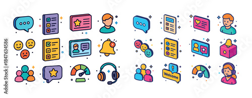 Colorful icons representing communication and customer service t