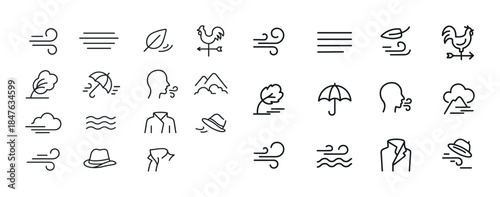 Wind symbols collection: weather icons including trees, clouds,