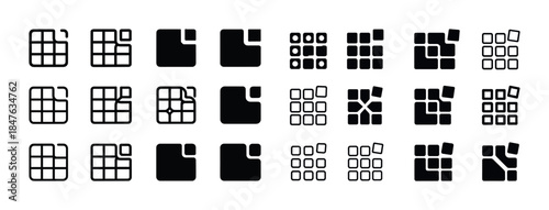 Grid and block icon set - various geometric black silhouettes