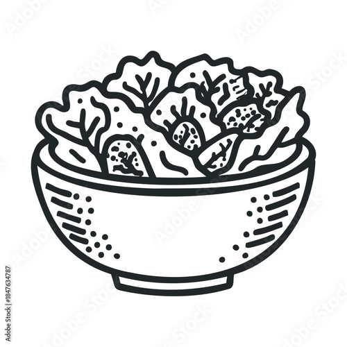 Minimalist monochrome graphic depicting a vibrant fresh green leafy salad served in a decorative bowl, ideal for culinary blogs, restaurant menus, or healthy lifestyle promotions.