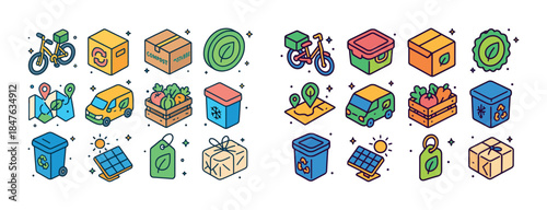 Eco-friendly icons collection featuring bicycles, recyclable box