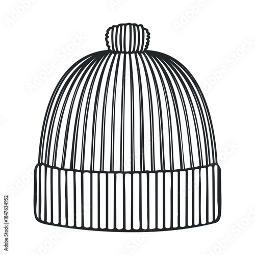 Minimalist line drawing of a warm knitted winter beanie hat with a fluffy pompom top, ideal for seasonal apparel advertisements, cold weather fashion promotions, or graphic design projects.