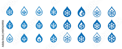 Blue droplet and snowflake icons set: winter and water design el
