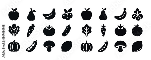 Set of black silhouette fruits and vegetables icons