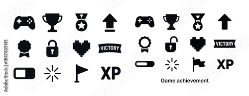 Game achievement icons set featuring controllers, trophies, and