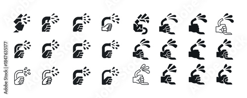 Set of black and white hand gesture icons with splash effect