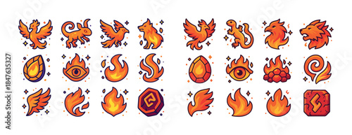 Collection of vibrant fire-themed icons featuring creatures and