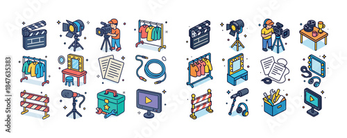 Isometric film production set with cameras, lighting, wardrobe,