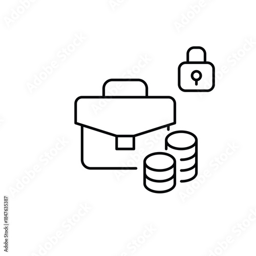 Briefcase, lock and stack of coins. Safe investment, protected capital. Pixel perfect, editable stroke vector icon