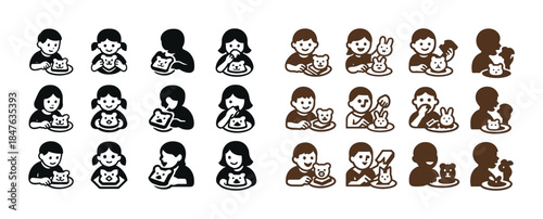 Icons of children caring for animals: cats, rabbits, hamsters
