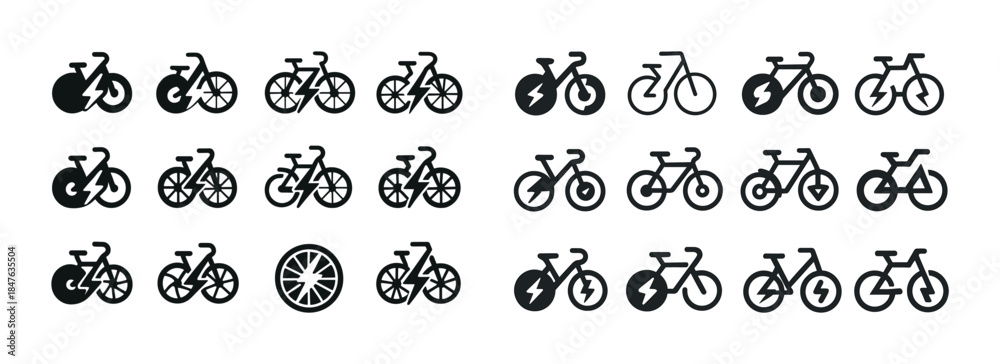 Naklejka premium Set of black bicycle icons featuring electric and classic design