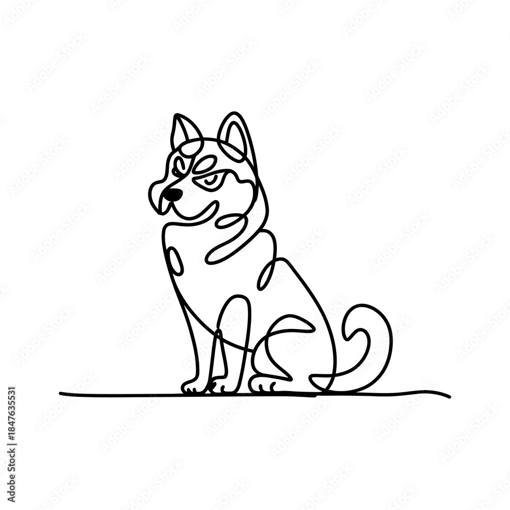 Fototapeta premium Husky Dog Sitting One Line Drawing Minimalist Art Style