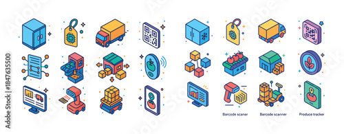 Colorful isometric icons of logistics and technology elements