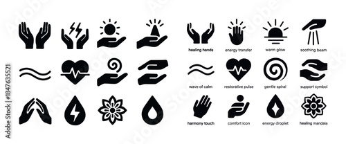 Healing and wellness icons set: hands, energy, nature symbols