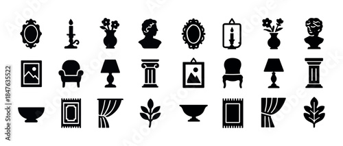 Collection of elegant home decor icons featuring vases, furnitur