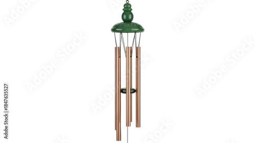 Konstfotografi Isolated wind chime with green top and copper tubes outdoors on a neutral backdr