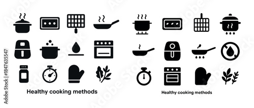 Healthy cooking methods icons: steam, grill, boil, roast, air fr