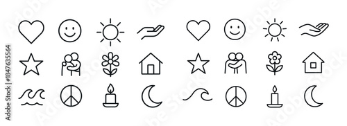 Collection of simple line icons: heart, smile, sun, hand, star,