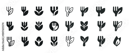 Collection of black fork and leaf icons representing eco-friendl