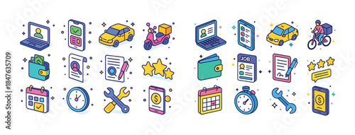 Colorful delivery service icons with vehicles, tools, and docume