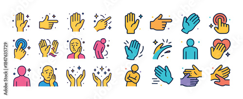 Colorful icon set featuring hand gestures and human expressions