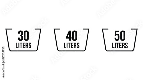 Three different sized buckets with liter labels