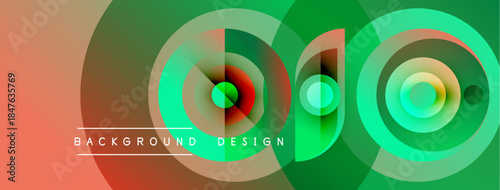 Abstract colorful design features overlapping circles, gradients. Modern background with text elements, vibrant hues.
