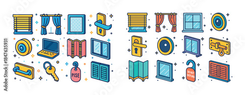 Colorful icons of windows, doors, curtains, and home accessories