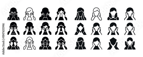 Facial expressions and gestures icons set - mask wearing and fac